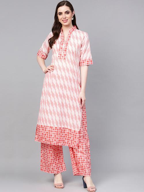 geometric printed kurta with checkered palazzo set - 16618927 - Very Small Image - 1