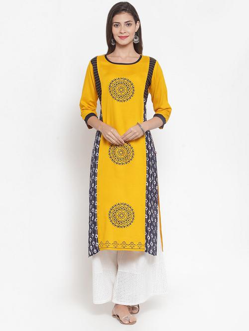 yellow round neck printed straight kurta - 16622866 - Very Small Image - 1