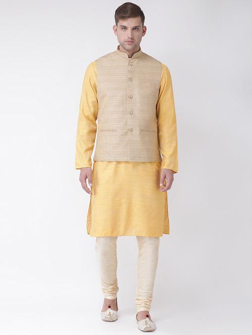 yellow silk blend kurta pyjama set with beige solid nehru jacket - 16625228 - Very Small Image - 1