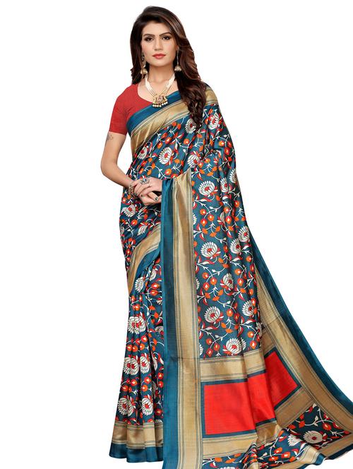 turquoise art silk printed saree with blouse - 16633360 - Very Small Image - 1