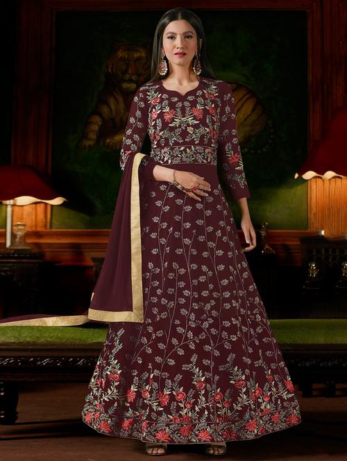 embroidered anarkali semi-stitched suit - 16634178 - Very Small Image - 1