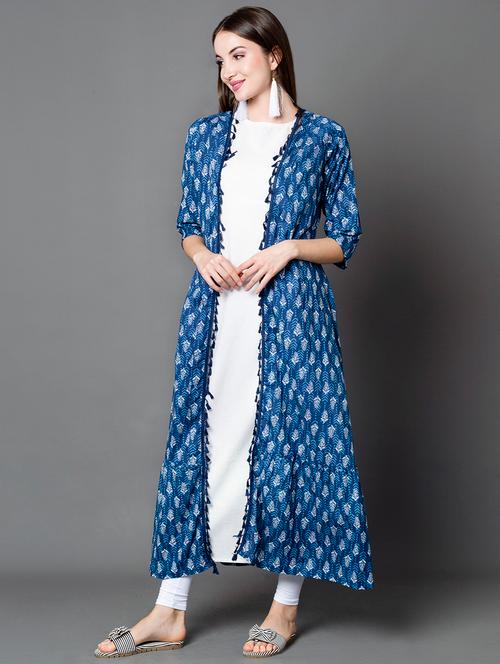 indigo printed tiered kurta with jacket  - 16641918 - Very Small Image - 1