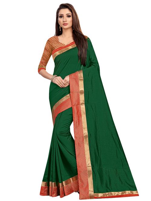 solid contrast bordered saree with blouse - 16646457 - Very Small Image - 1