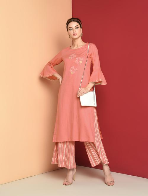embroidered kurta with stripes palazzo set - 16657902 - Very Small Image - 1