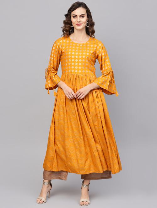 bell sleeves foil print flared kurta  - 16659120 - Very Small Image - 1