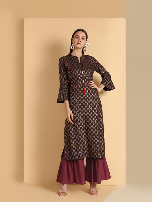 gold print straight kurta - 16660355 - Very Small Image - 1