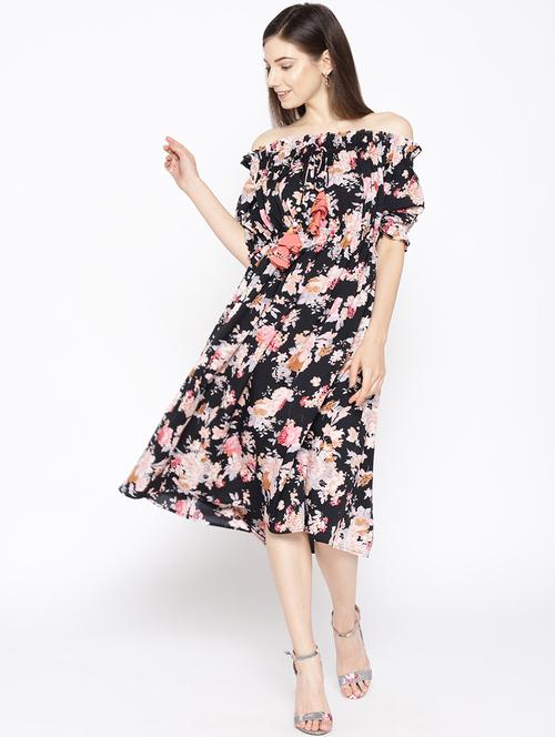 tie knot detail floral off shoulder dress - 16663628 - Very Small Image - 1