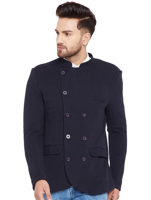 navy blue self design single breasted casual blazer - 16667546 - Very Small Image - 1