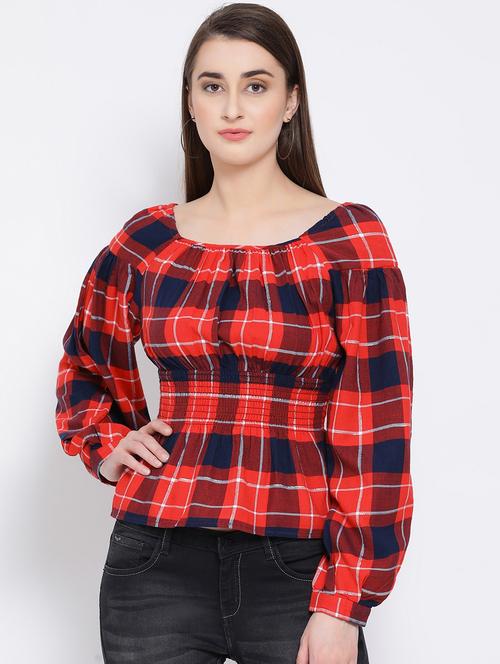 round neck smock detail checkered top - 16673804 - Very Small Image - 1