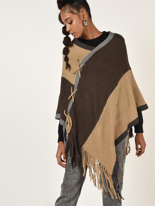 round neck fringe hem wool poncho - 16681554 - Very Small Image - 1