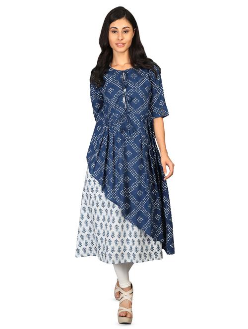 indigo printed layered kurta - 16681960 - Very Small Image - 1