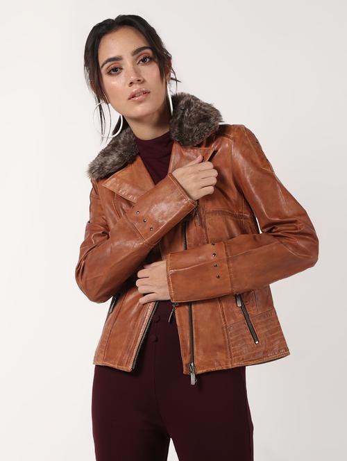 lapel neck fur detail leather jacket - 16682483 - Very Small Image - 1