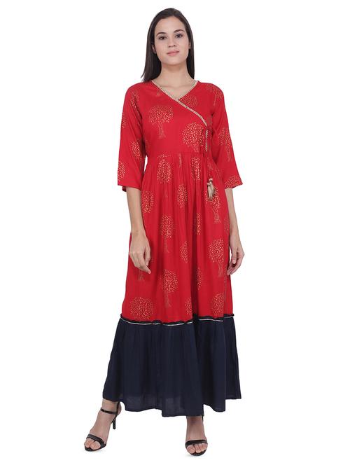 gold print contrast flared kurta - 16684186 - Very Small Image - 1