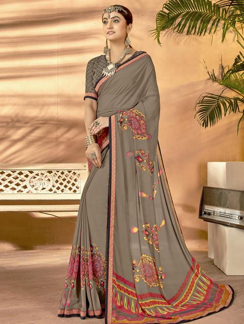 ethnic motifs printed saree with blouse - 16691461 - Very Small Image - 1