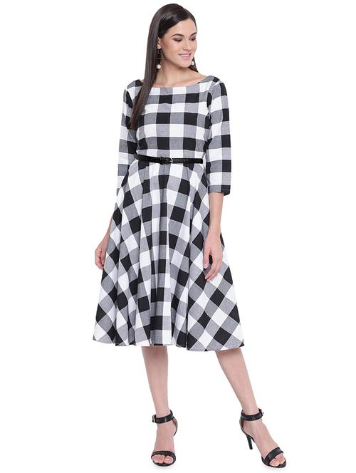 boat neck checkered a-line dress - 16700213 - Very Small Image - 1