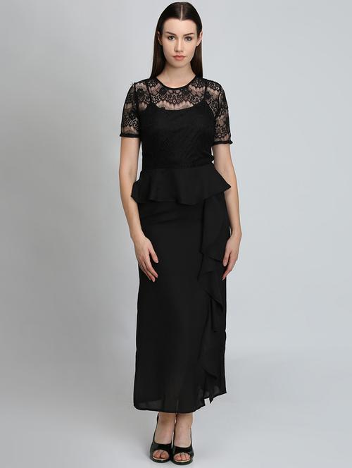 mesh panel ruffle detail maxi dress - 16701814 - Very Small Image - 1