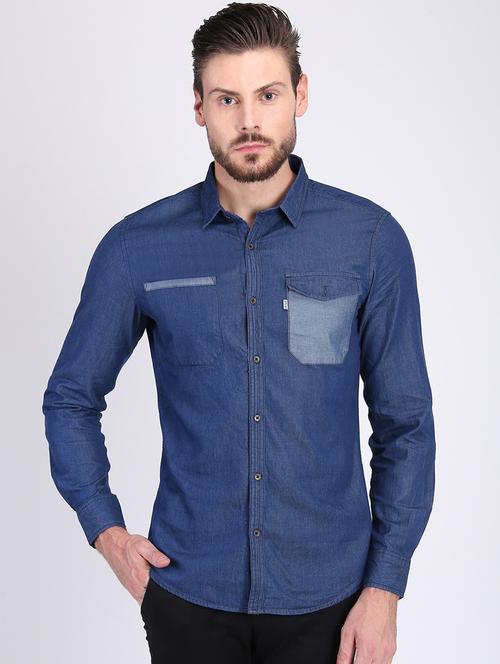 blue solid denim casual shirt - 16702183 - Very Small Image - 1