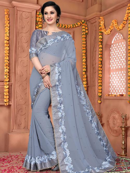 solid bordered saree with blouse - 16708737 - Very Small Image - 1