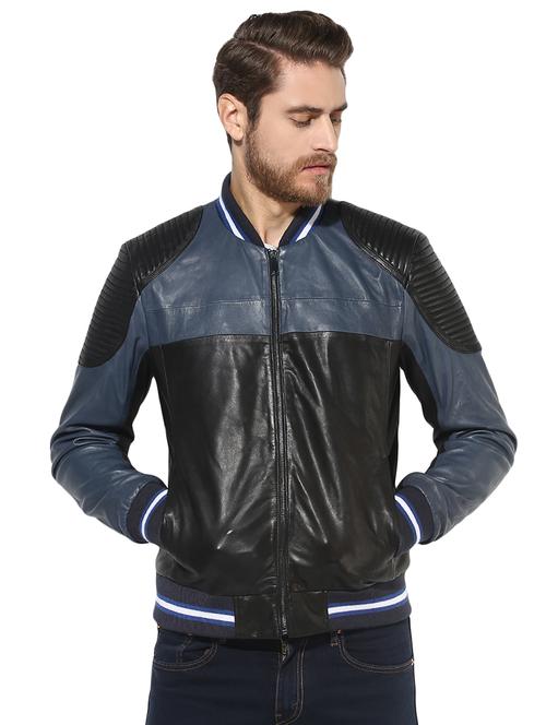 blue color block 100%  lamb leather jacket - 16713630 - Very Small Image - 1