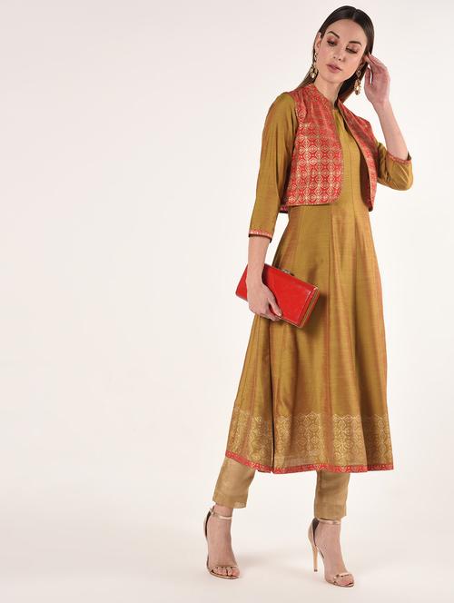 gold print silk anarkali kurta - 16714216 - Very Small Image - 1