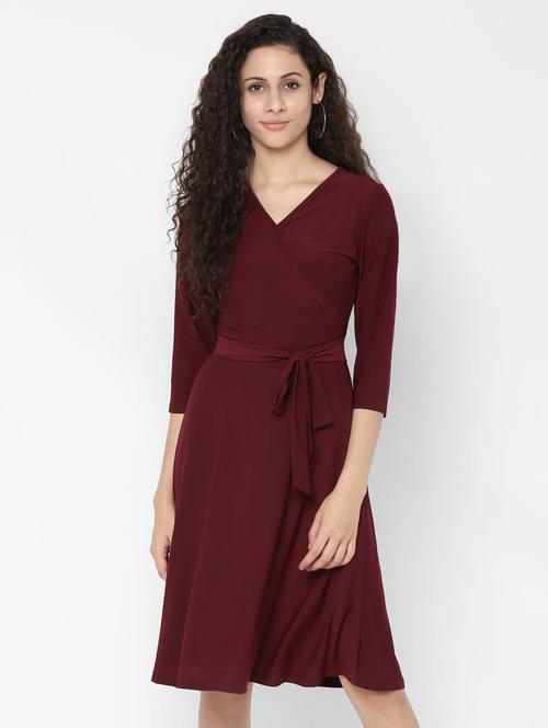 tie front overlap neck fit & flare dress - 16731593 - Very Small Image - 1