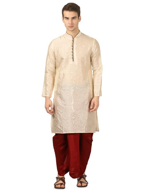 beige pure silk jacquard dhoti kurta set - 16735445 - Very Small Image - 1