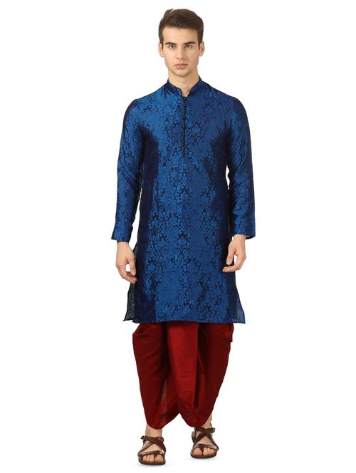 blue pure silk jacquard dhoti kurta set - 16735447 - Very Small Image - 1