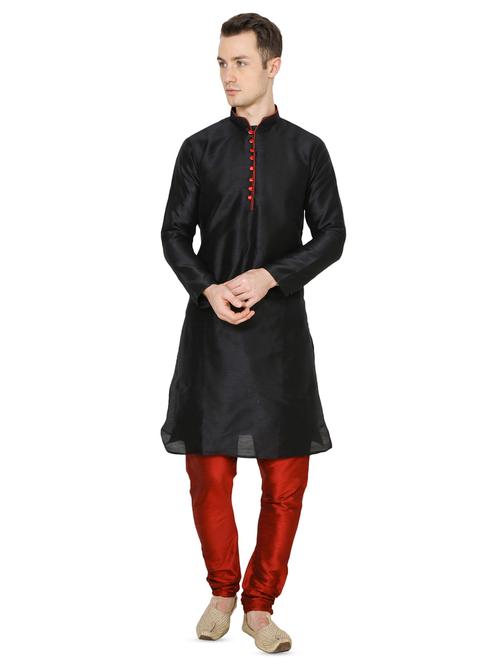 black pure silk solid kurta pyjama set - 16735491 - Very Small Image - 1