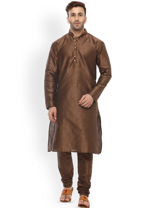 brown pure silk solid kurta pyjama set - 16735525 - Very Small Image - 1
