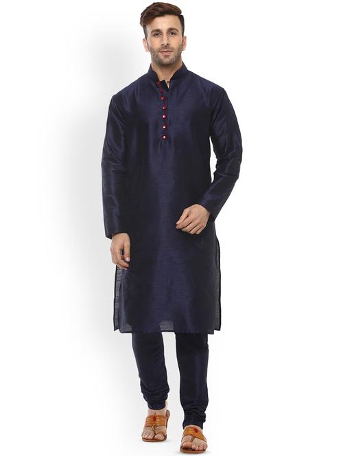 blue pure silk solid kurta pyjama set - 16735526 - Very Small Image - 1