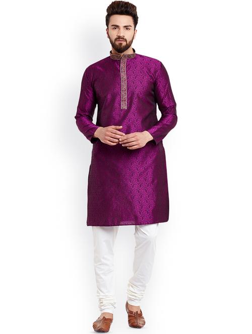 purple pure silk brocade kurta pyjama set - 16735547 - Very Small Image - 1