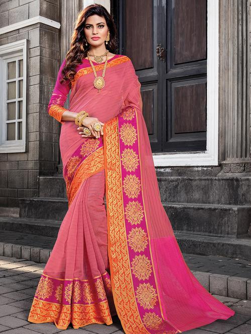 solid bordered woven saree with blouse - 16736338 - Very Small Image - 1