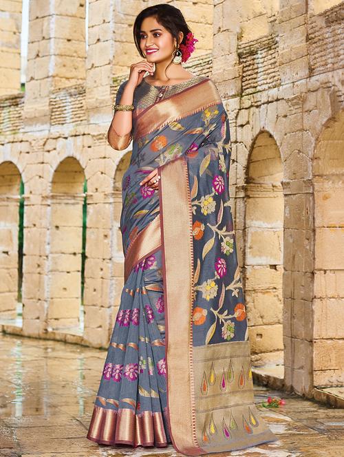 floral woven saree with blouse - 16736418 - Very Small Image - 1