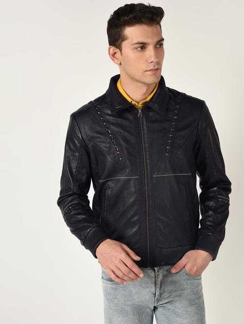 blue solid 100% lamb leather jacket - 16737526 - Very Small Image - 1