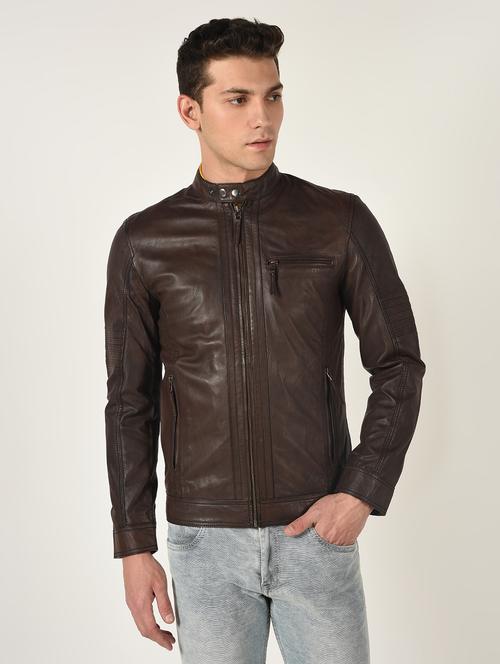 brown solid 100% lamb leather jacket - 16737530 - Very Small Image - 1