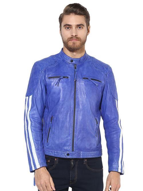 blue side striped 100% lamb leather jacket - 16737547 - Very Small Image - 1
