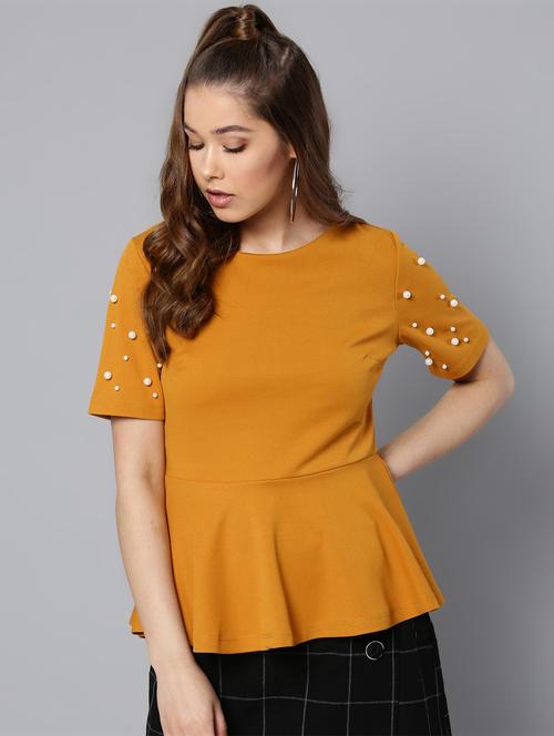 embellished sleeved solid peplum top - 16740461 - Very Small Image - 1