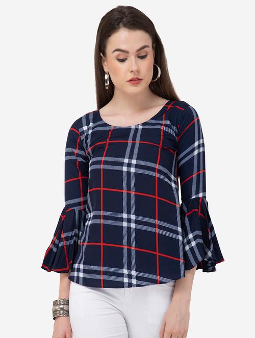 round neck bell sleeved plaid top - 16746606 - Very Small Image - 1