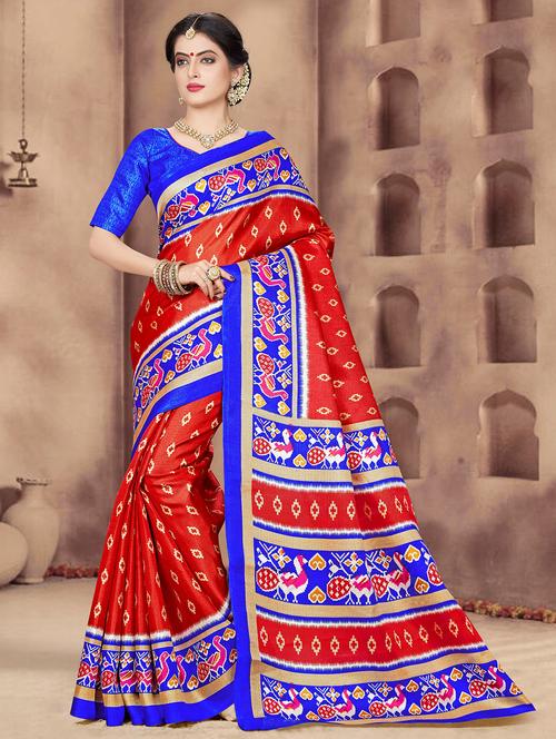 Women's Ikat Red Colored Saree With Blouse - 16750152 - Very Small Image - 1