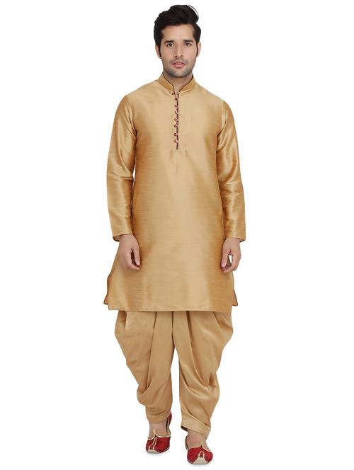 dark gold solid dhoti kurta set - 16750418 - Very Small Image - 1
