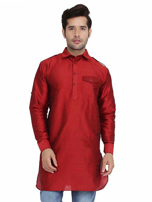 red solid pathani kurta - 16750429 - Very Small Image - 1