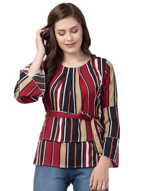 round neck bell sleeved striped top - 16756738 - Very Small Image - 1