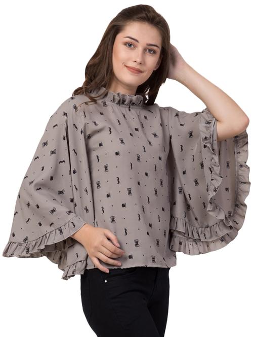 kimono sleeved frill trim quirky print top - 16756739 - Very Small Image - 1