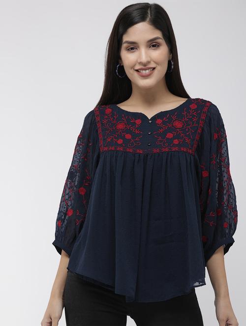 bishop sleeved embroidered dobby a line top - 16759410 - Very Small Image - 1