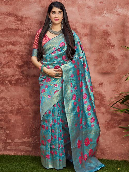 floral banarasi saree with blouse - 16765965 - Very Small Image - 1