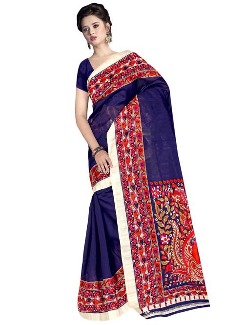 women's kalamkari navy blue colored saree with blouse - 16767442 - Very Small Image - 1