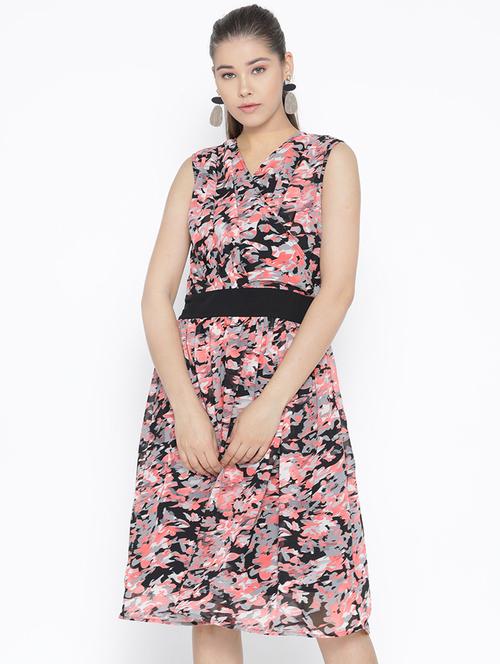 overlap neck gathered floral flared dress - 16769677 - Very Small Image - 1