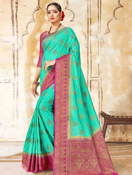 women's self design sea green colored saree with blouse - 16771258 - Very Small Image - 1