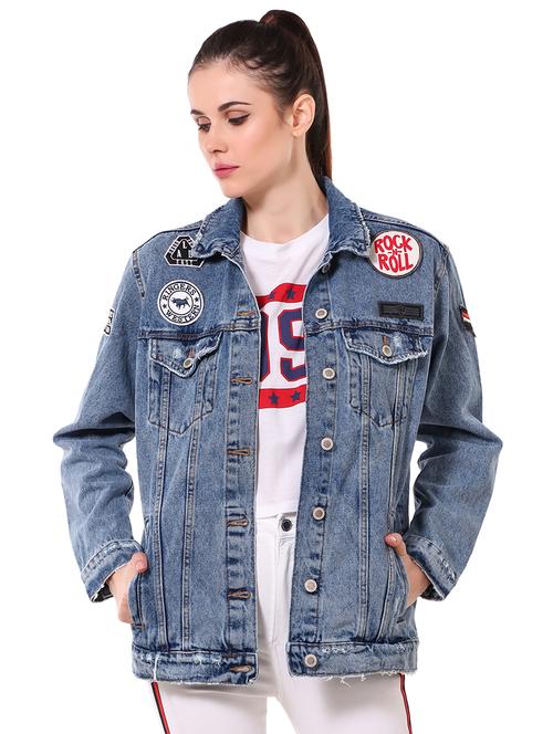 long sleeved quirky patch denim jacket - 16776061 - Very Small Image - 1