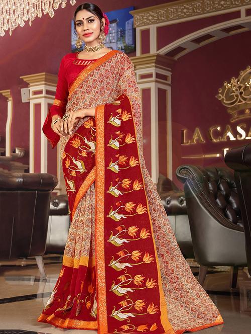 women's floral red colored saree with blouse - 16777073 - Very Small Image - 1